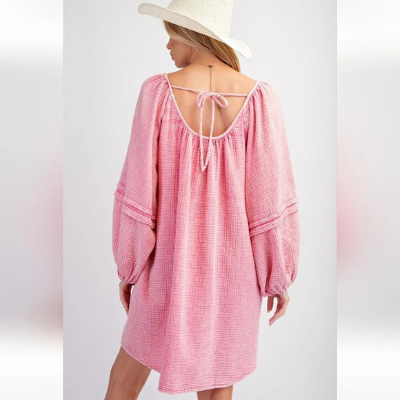 Easel Mineral Washed Cotton Gauze Babydoll Dress Long Sleeve Pink New - Picture 4 of 5